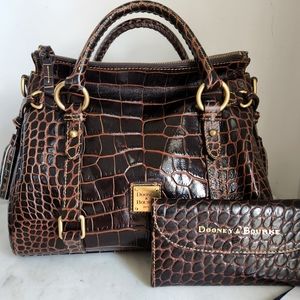 Dooney and Bourke Stamped Leather Croco Satchel TMoro Brown and Wallet